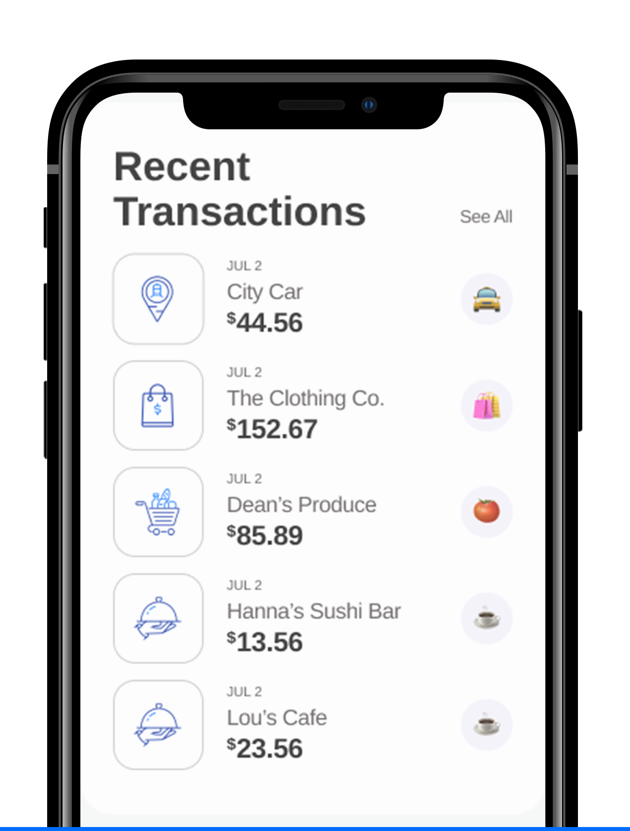 smartphone showing a recent transactions screen